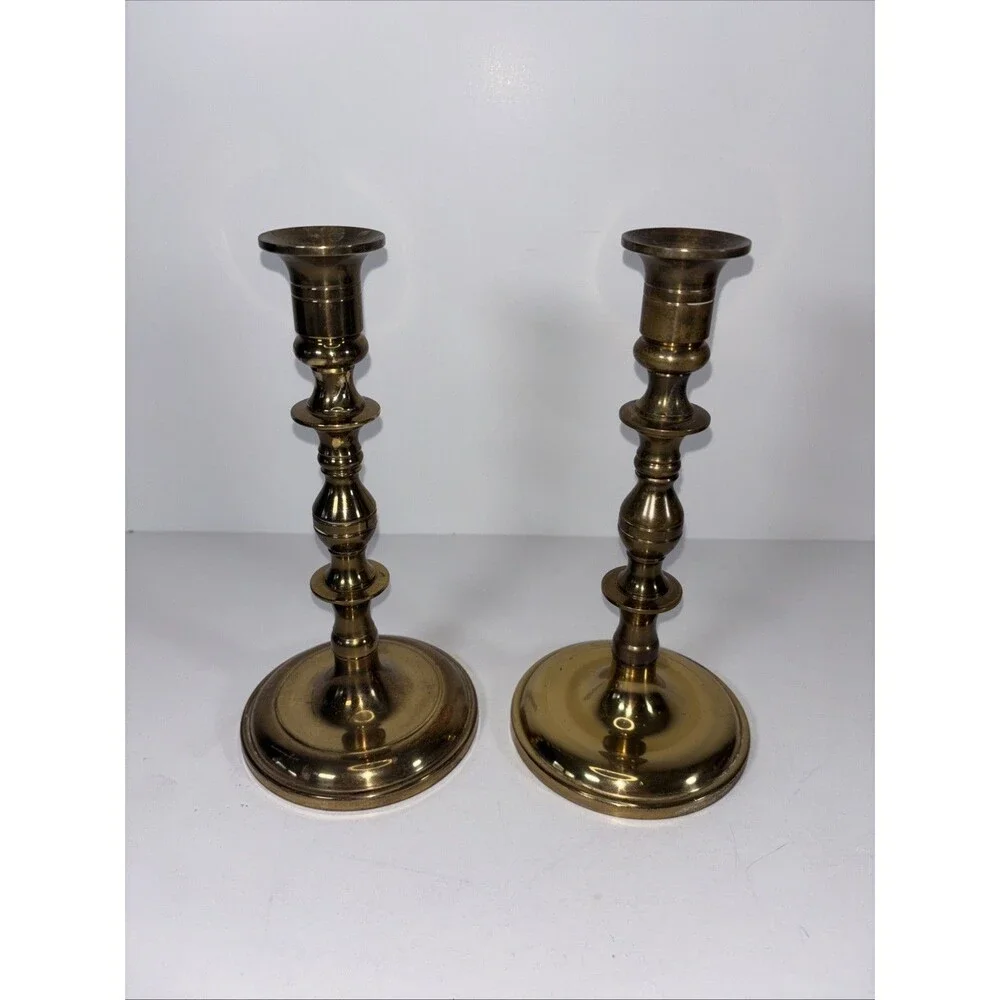 Antique Pair Brass Beehive Candlesticks Victorian Baluster 8”H Marked W